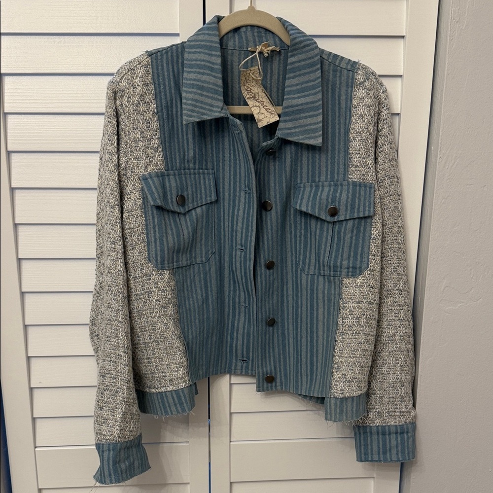 Mystree Jean Jacket with tweed sleeves blue, cream, little gold shimmer